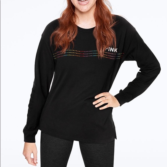 ๐VS PINK RAINBOW ๐ BLING RHINESTONE BLACK CAMPUS TEE LONG SLEEVE - Picture 2 of 6